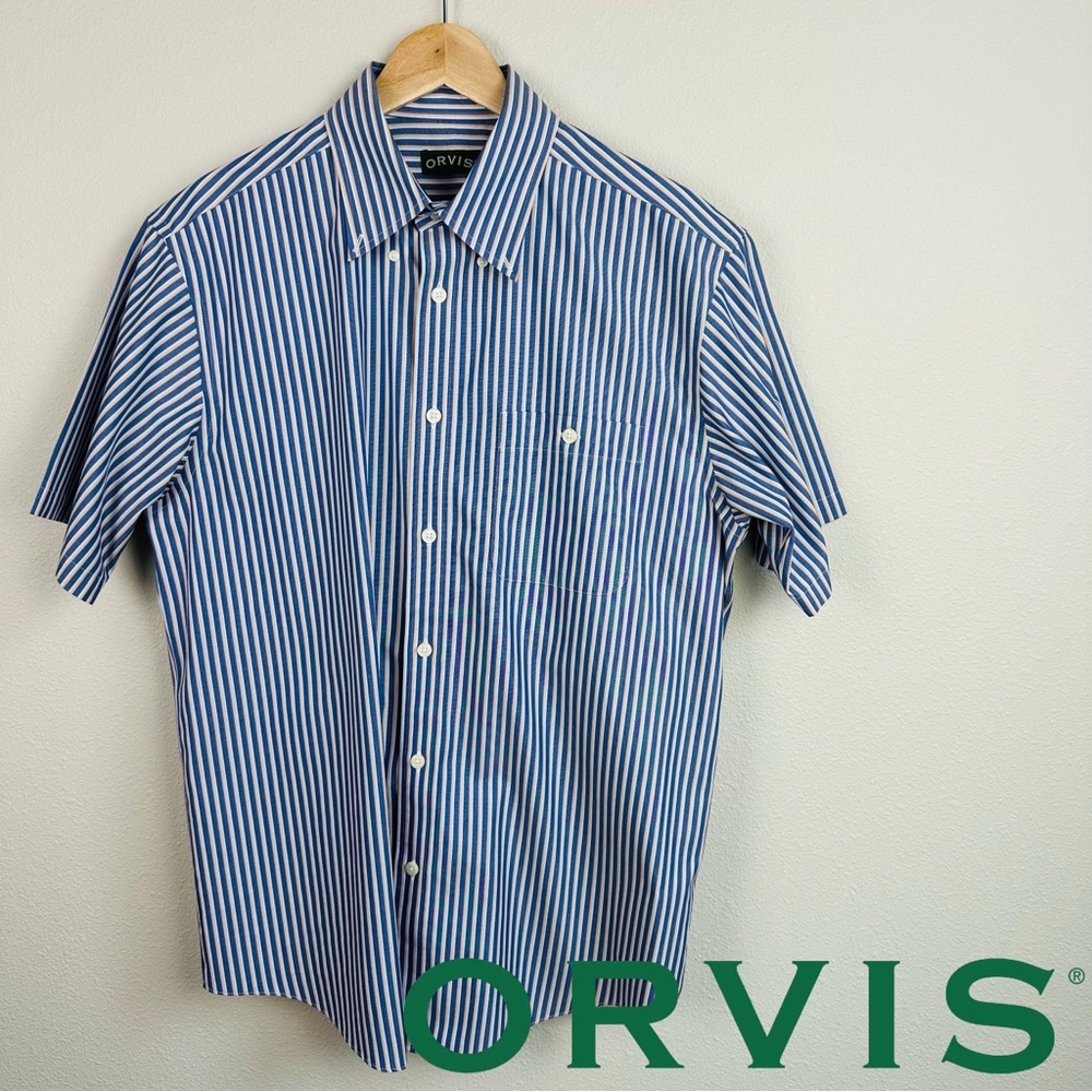 ORVIS blue striped sort-sleeve button-down shirt